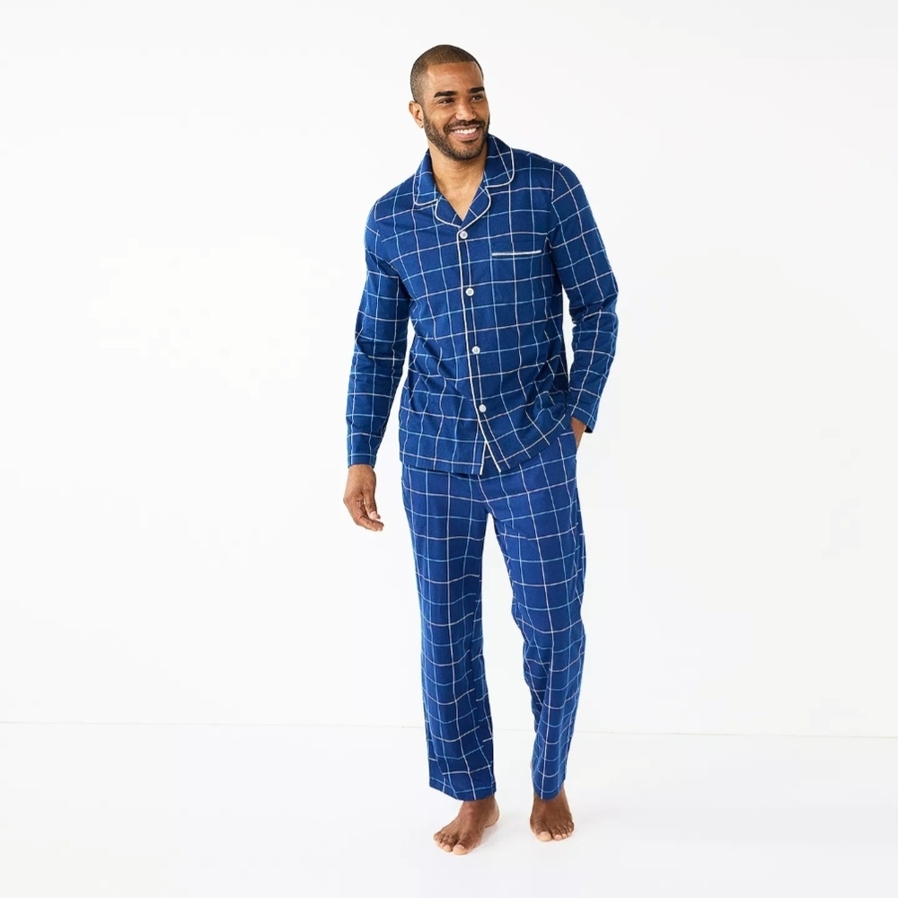 Sonoma Navy Grid Notch Collar Pajama Set Mens Size L New